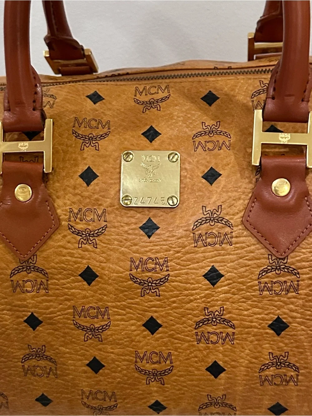 MCM Tan Cognac Monogram Duffel with Brown Leather Handles